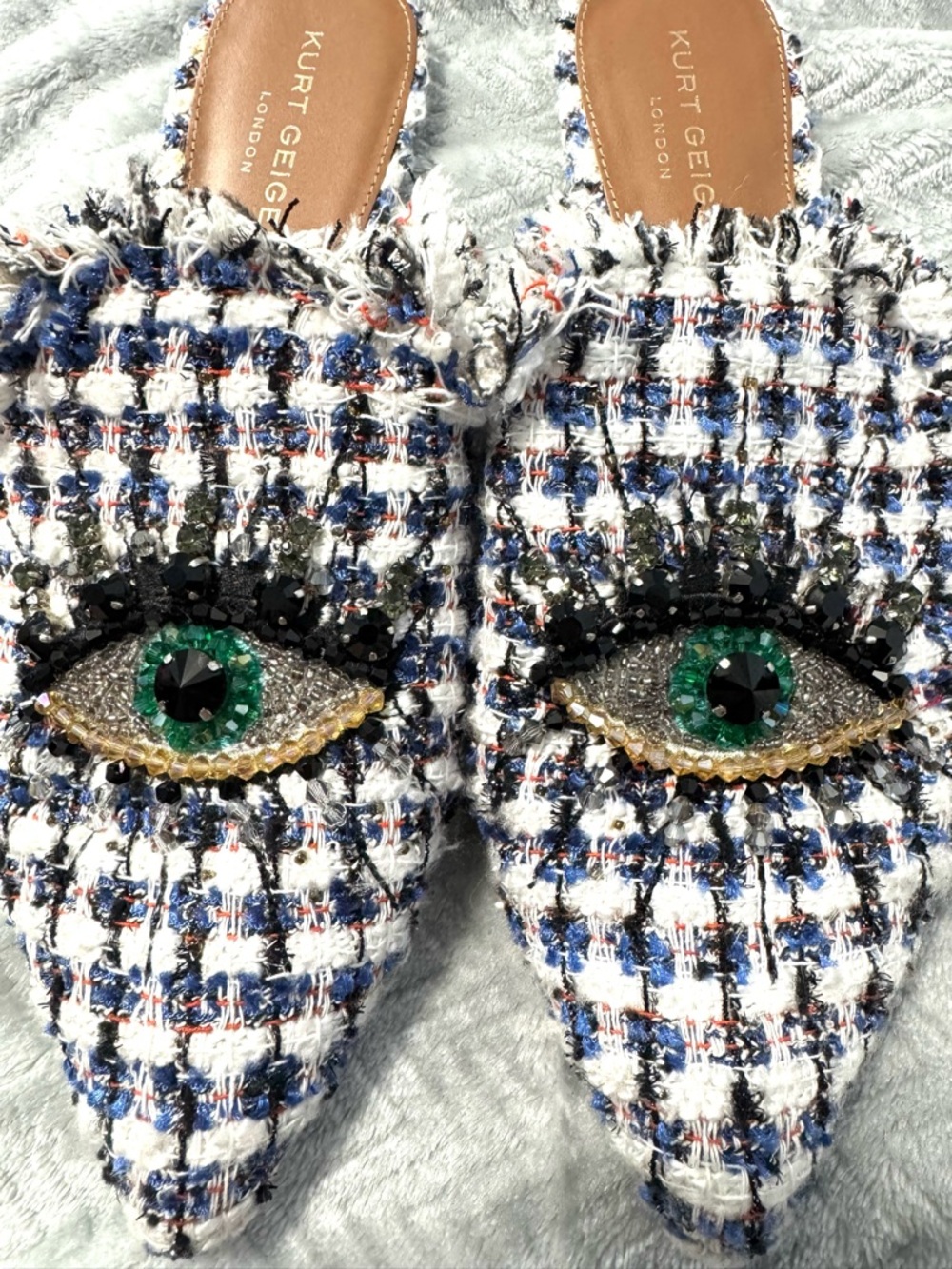 Kurt Geiger London Tweed Evil Eye Mule Flats Pointed Toe EU 42 Designer Slip On - Picture 4 of 11